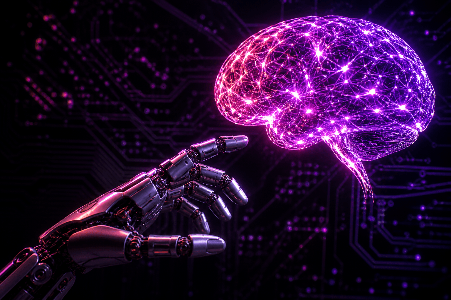 Robotic hand reaching toward a glowing holographic AI neural network brain in Delta Mirai Lab
