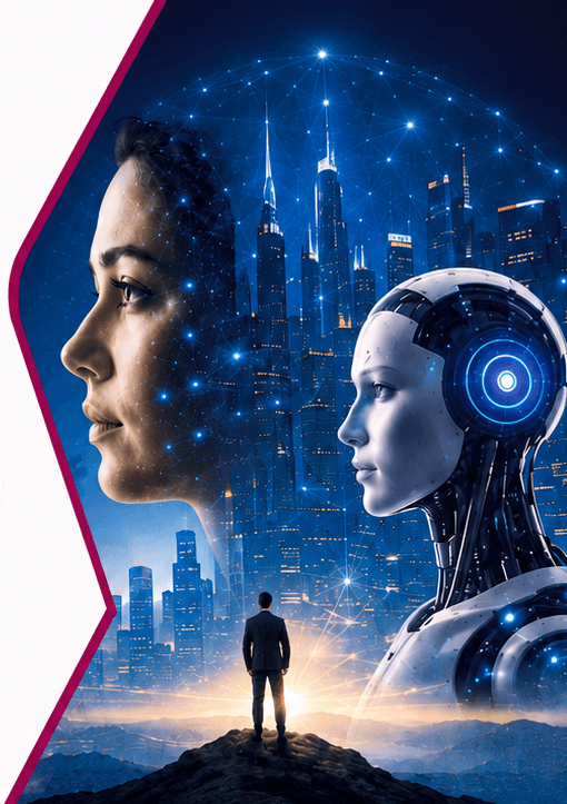 Human intelligence and artificial intelligence collaborating over futuristic smart enterprise city