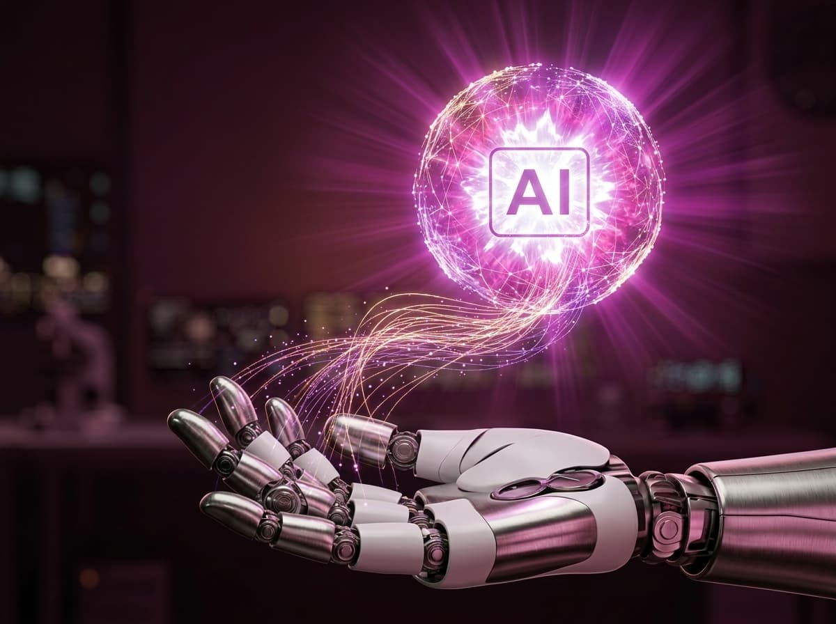 Futuristic robotic hand interacting with luminous glowing AI intelligence core